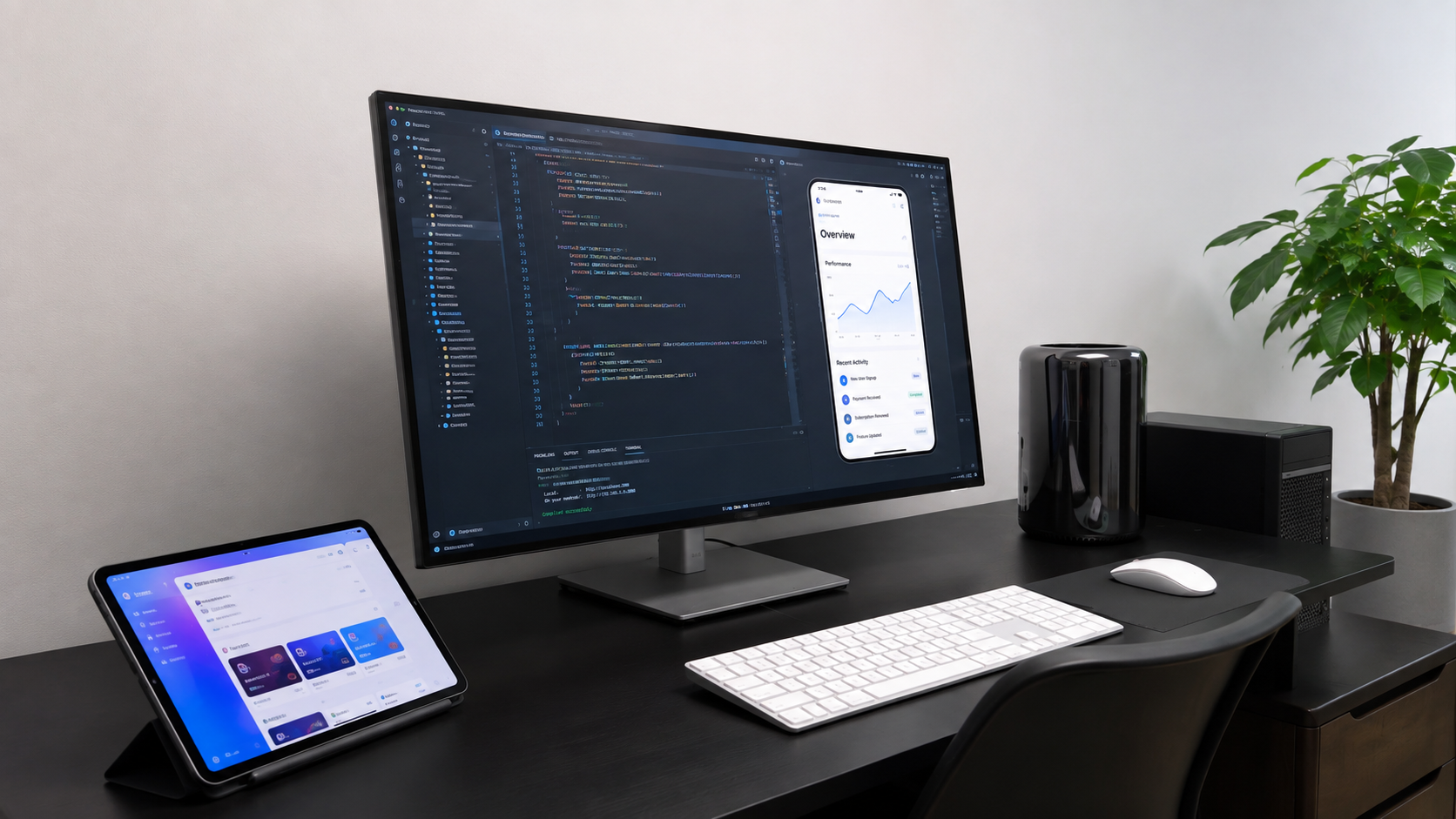 A development workstation with a curved monitor showing code and product UI beside a tablet and desktop PC