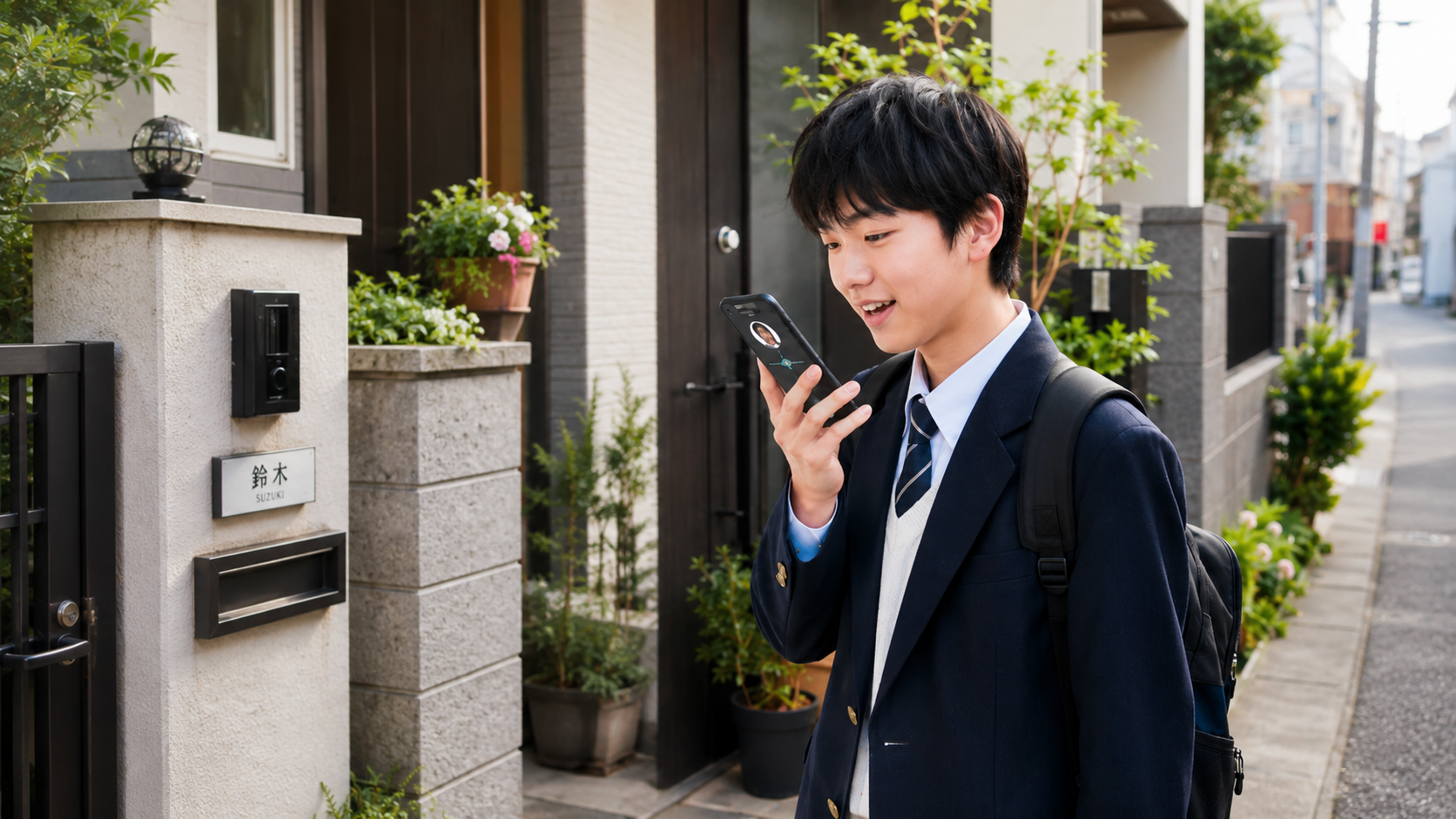A student at the front door talking with family on a phone after school