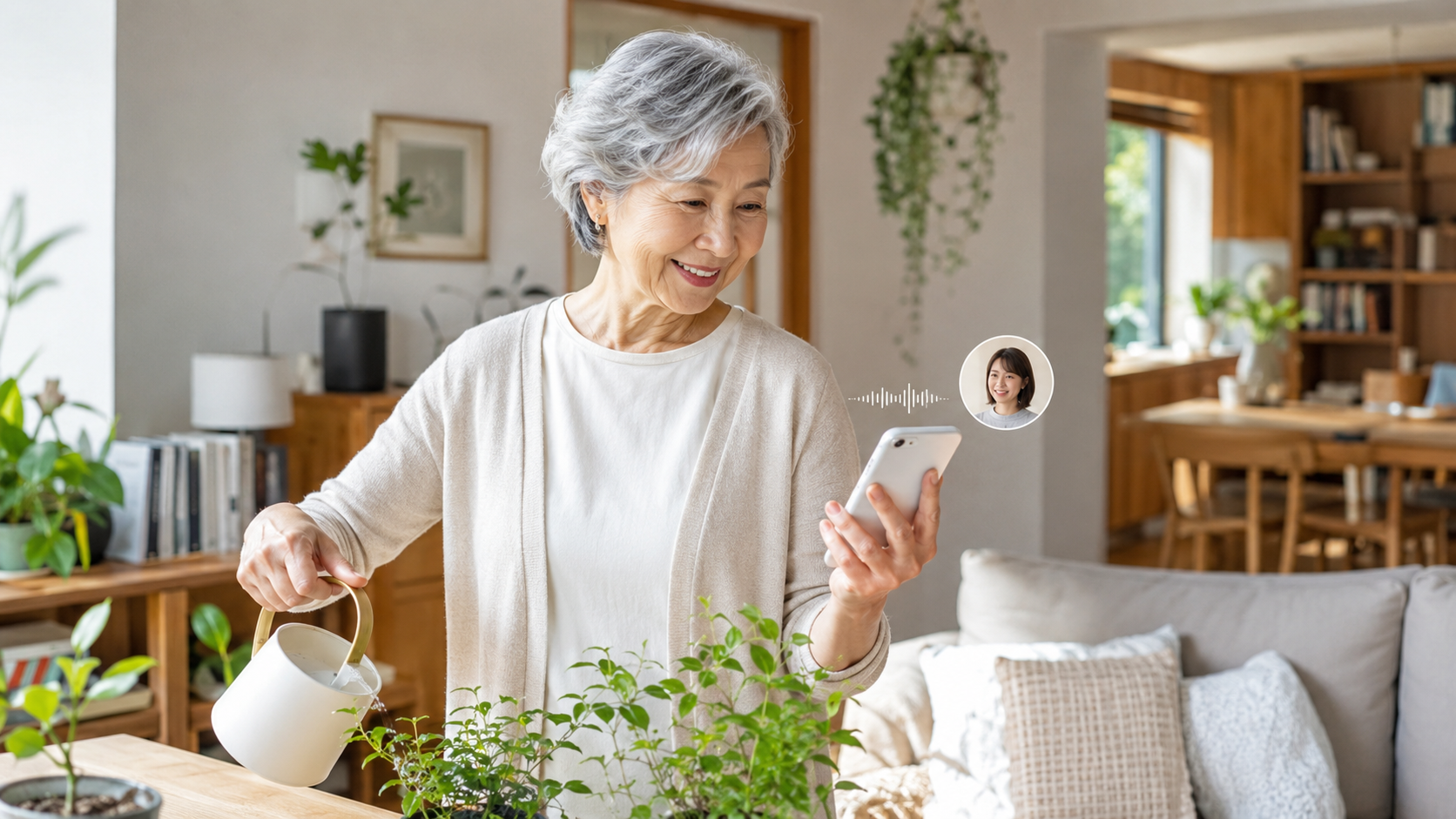 An older adult watering plants at home while talking with family on a phone