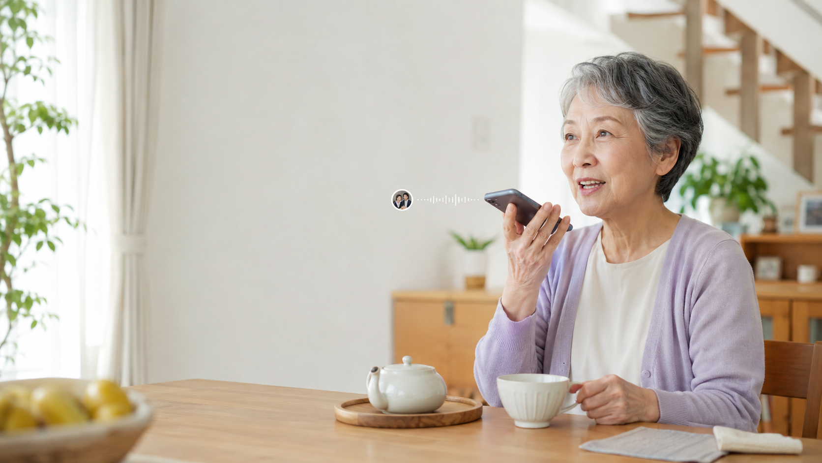 An older adult at the dining table, speaking with family on a phone