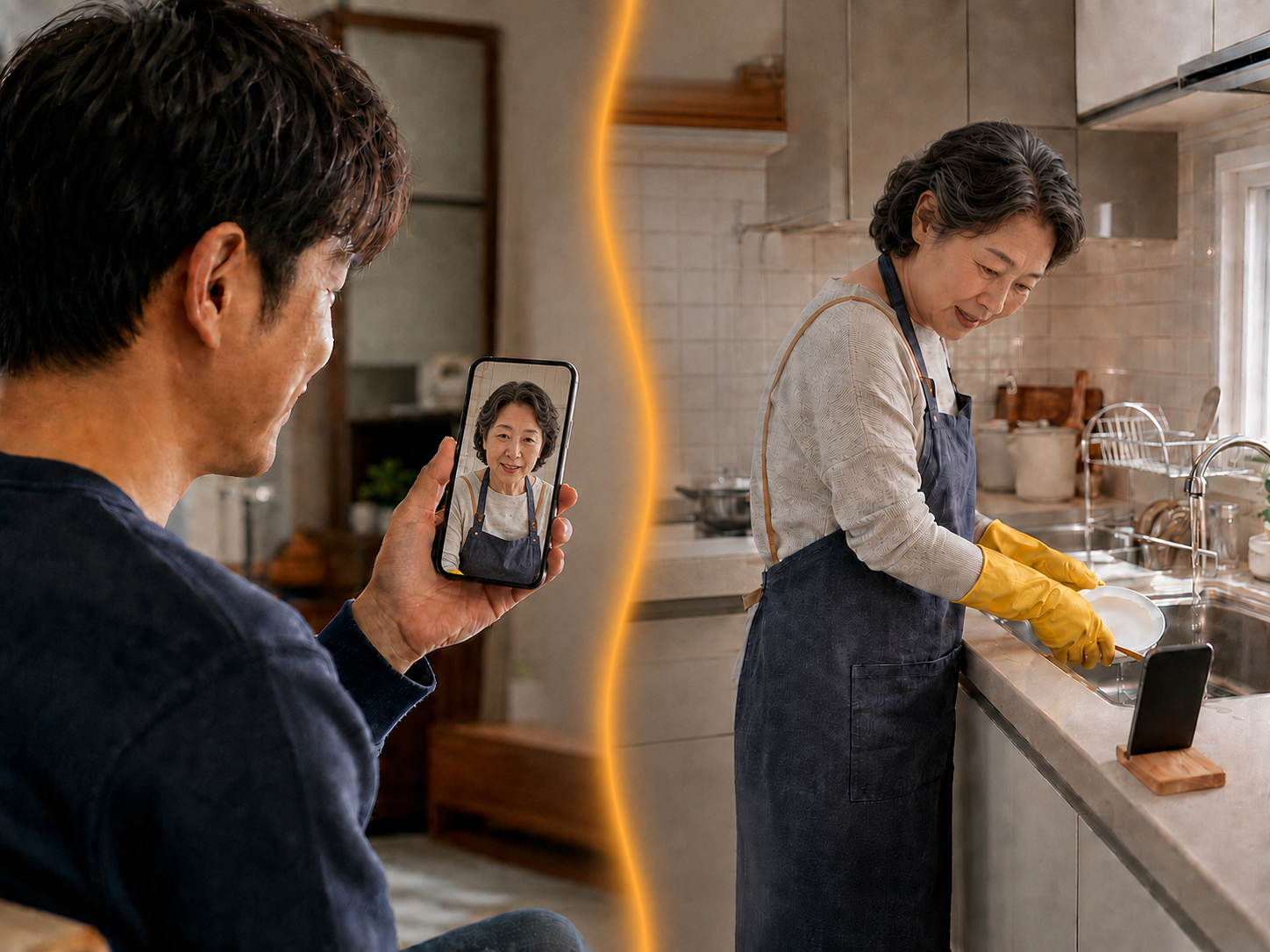 A son on a video call while his mother chats from the kitchen as she washes dishes