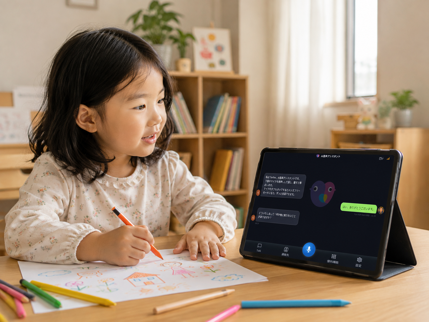 A child drawing at a table while looking at the iTalkGo app on a tablet