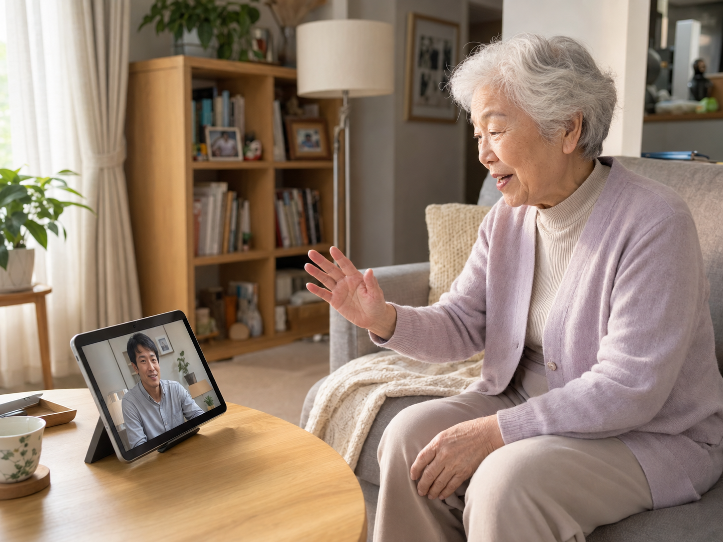 An older adult on the sofa waving during a tablet video call with family
