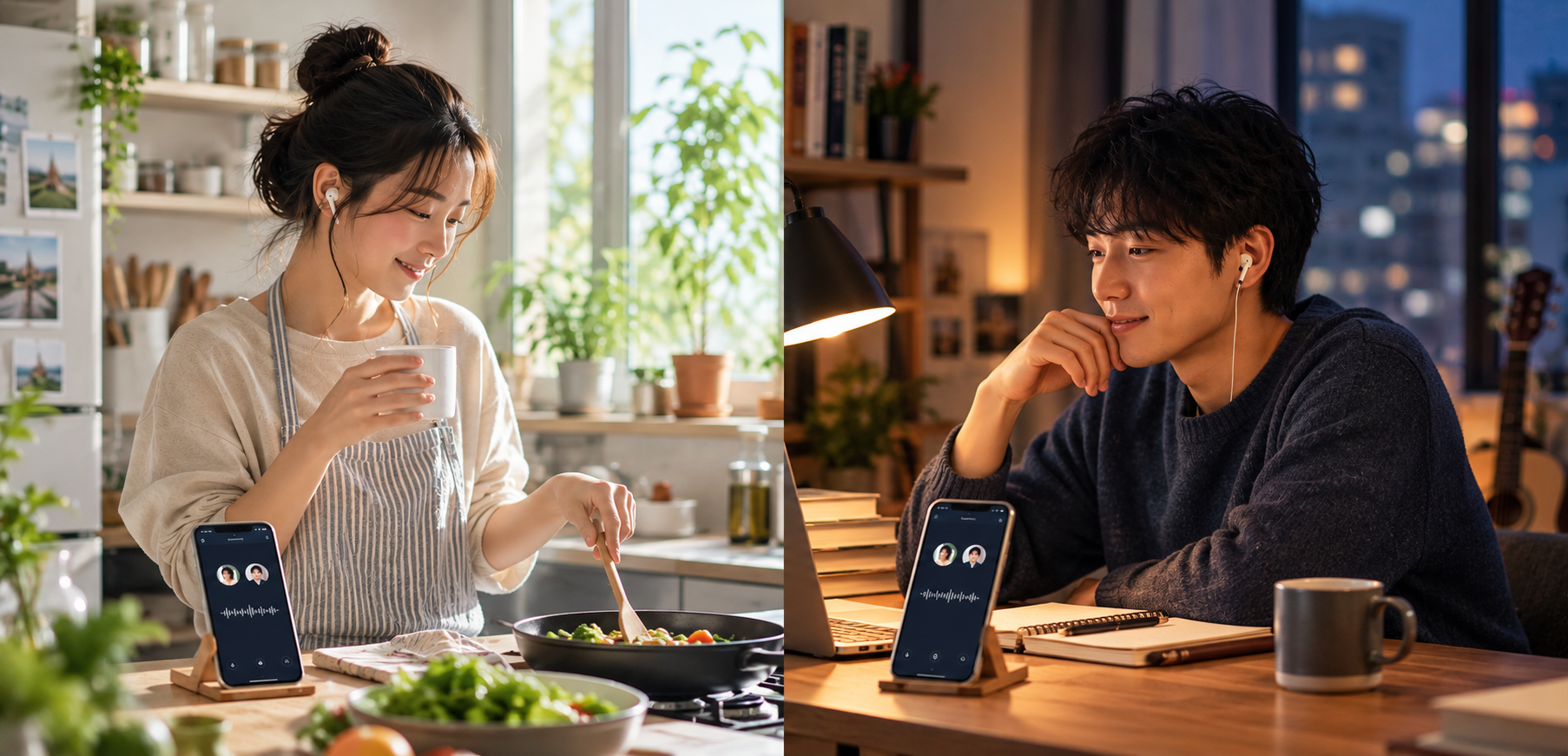Split view of a daytime kitchen and a night desk sharing the same voice call