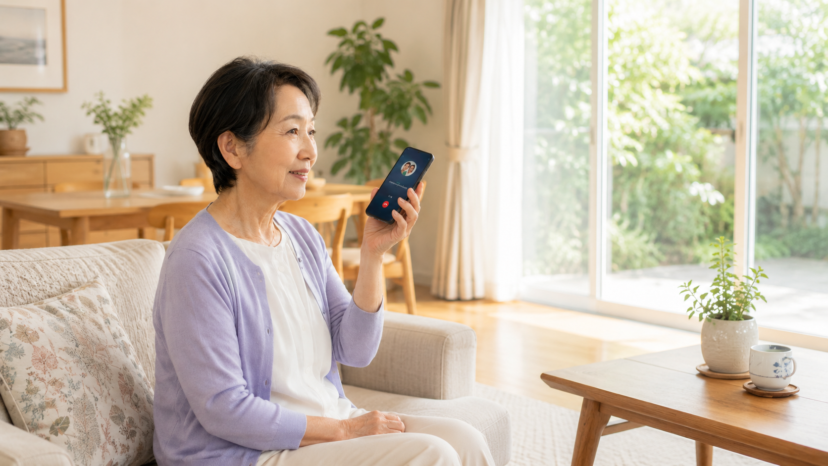 An older adult sitting on a bright living-room sofa, calling family on a phone
