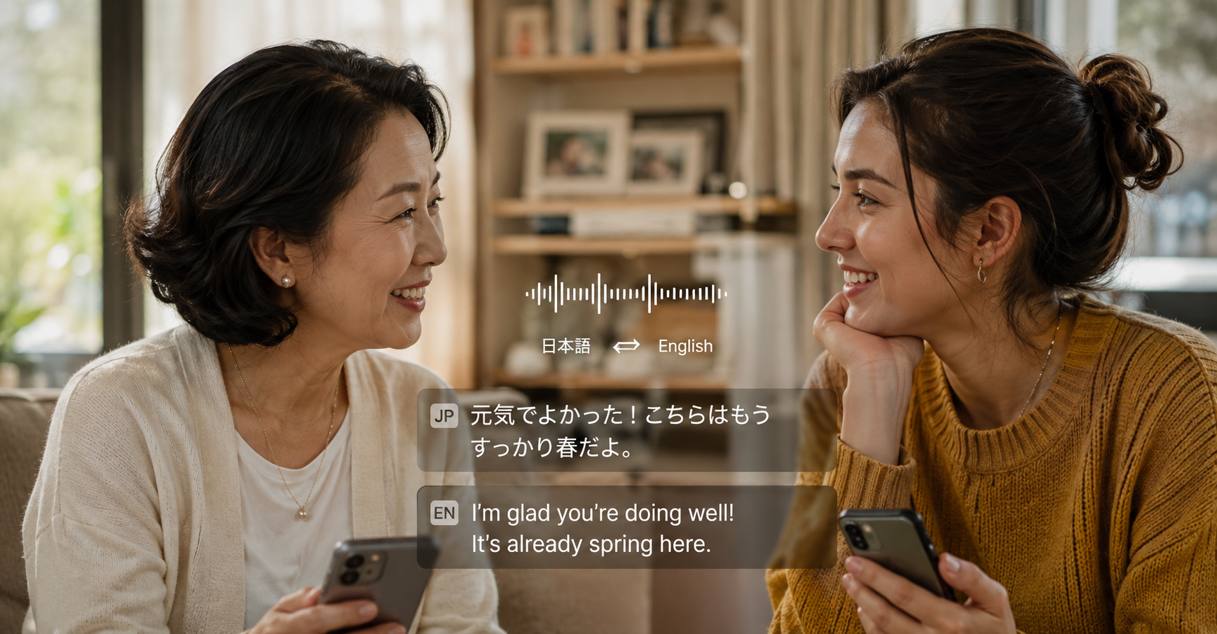 Two generations talking face to face with Japanese and English captions overlaid