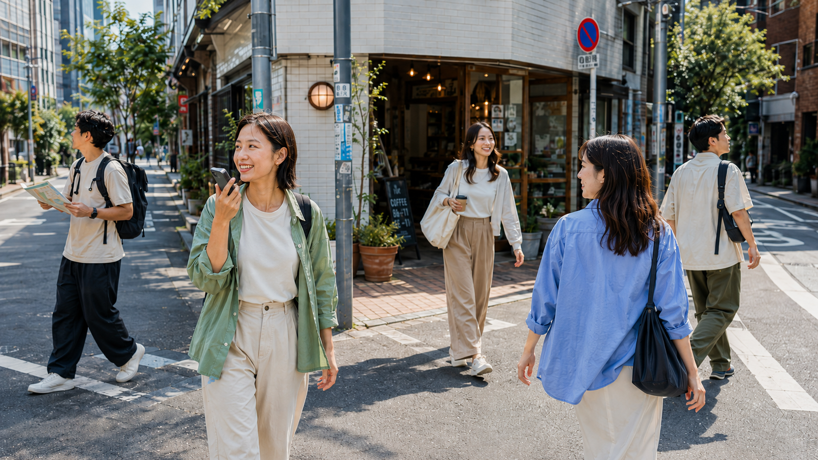 A travel group walking a city street while coordinating by voice