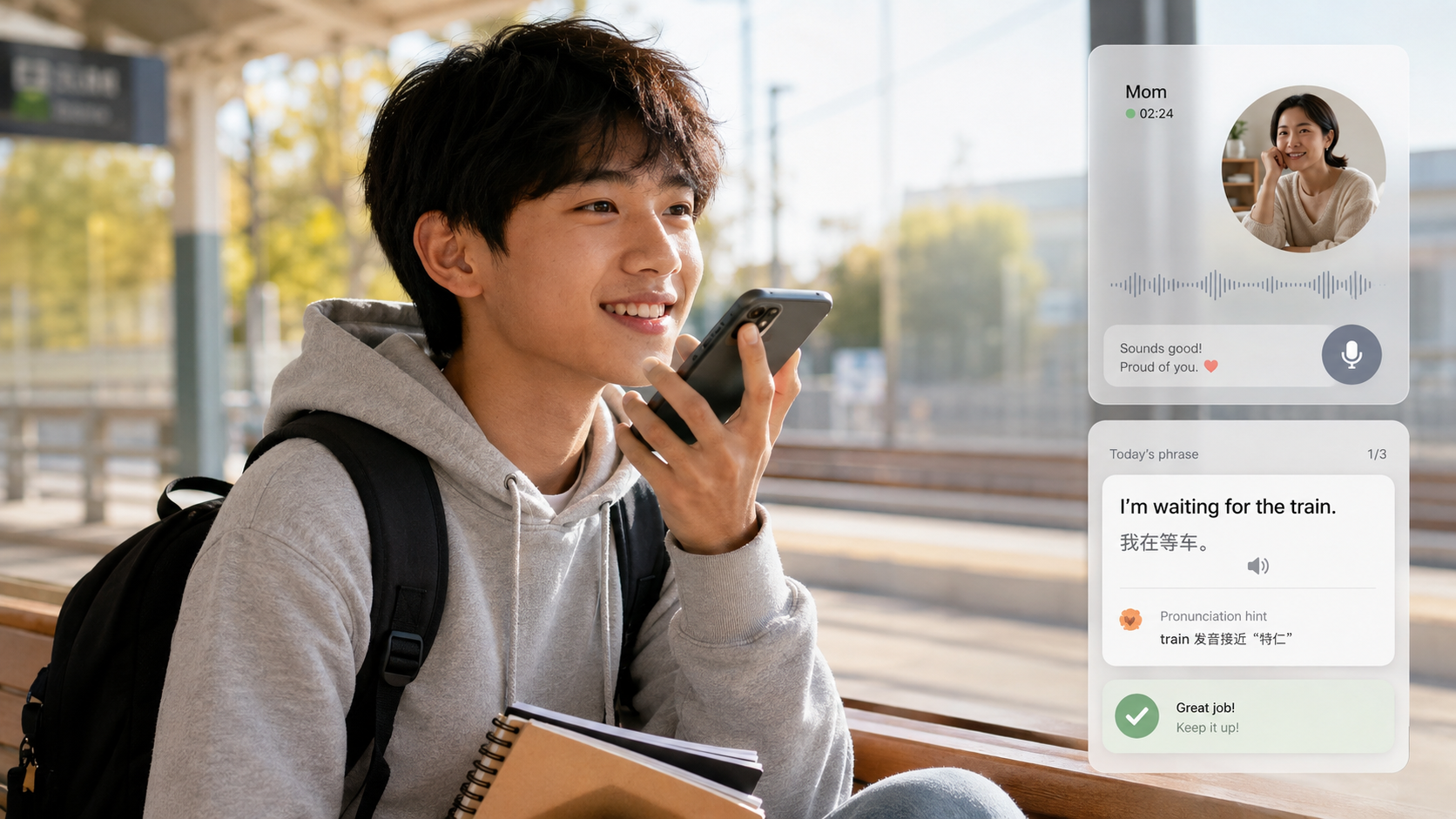 A teen at a station talking with family by voice, with a phrase-practice overlay